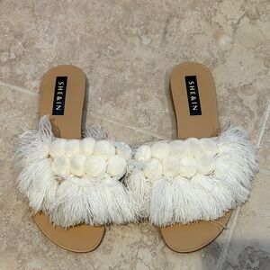 SHEIN Women's Cream Fringe Slide Sandals